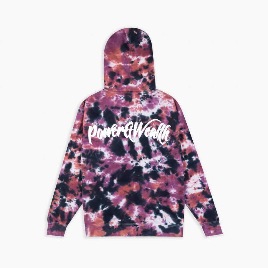 Tie dye pattern hoodie with white puff screenprint on the back.