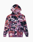 Tie dye pattern hoodie with white embroidery on the front.