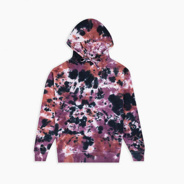 Tie dye pattern hoodie with white embroidery on the front.