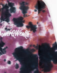 Close up image of the tie dye pattern hoodie with white embroidery on the front.